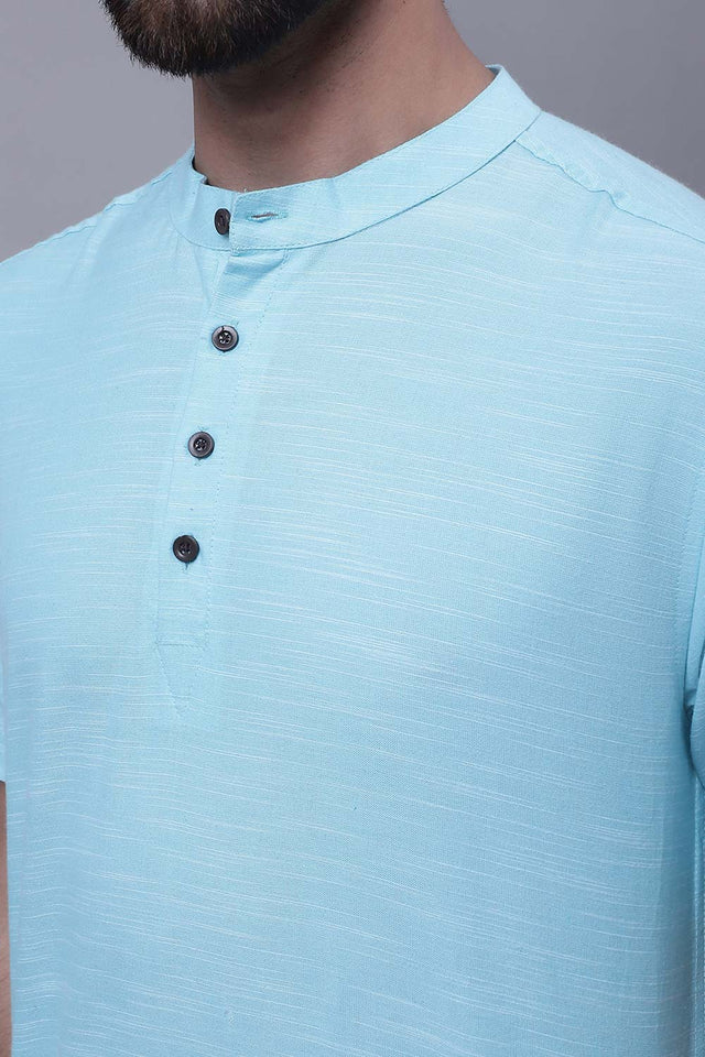 Buy Men's Blue Cotton Solid Short Kurta Top Online - Zoom In