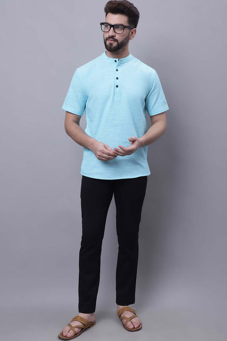 Buy Men's Blue Cotton Solid Short Kurta Top Online - Zoom Out