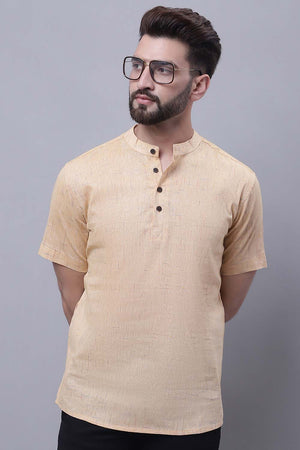 Buy Men's Beige Cotton Self Design Short Kurta Top Online - Front