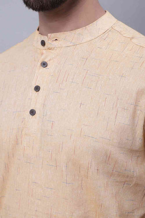 Buy Men's Beige Cotton Self Design Short Kurta Top Online - Side