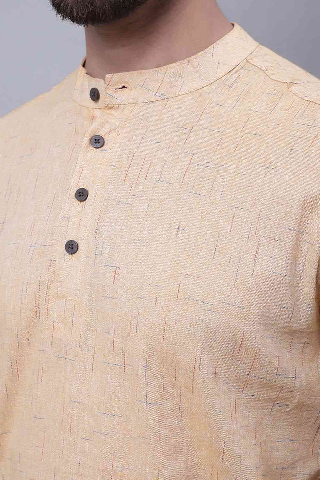 Buy Men's Beige Cotton Self Design Short Kurta Top Online - Side