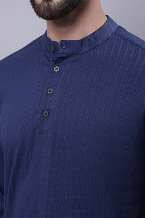 Buy Men's Blue Cotton Striped Short Kurta Top Online - Front