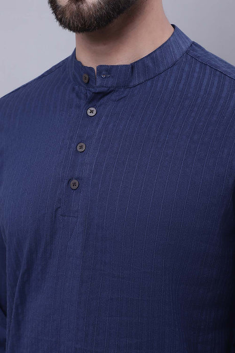 Buy Men's Blue Cotton Striped Short Kurta Top Online - Front
