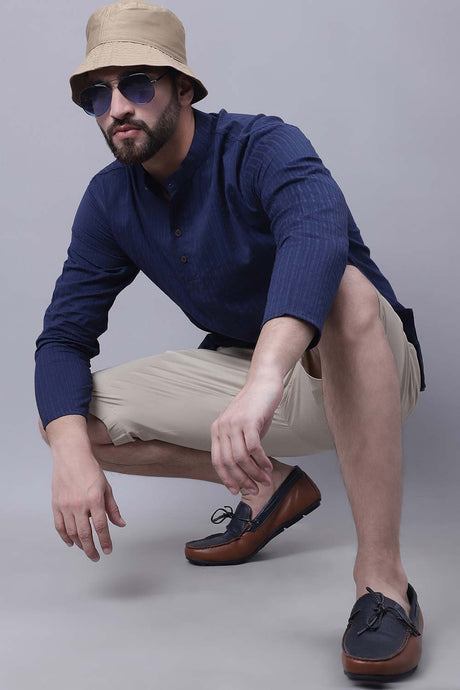 Buy Men's Blue Cotton Striped Short Kurta Top Online - Zoom In