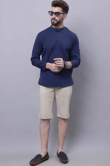 Buy Men's Blue Cotton Striped Short Kurta Top Online - Zoom Out