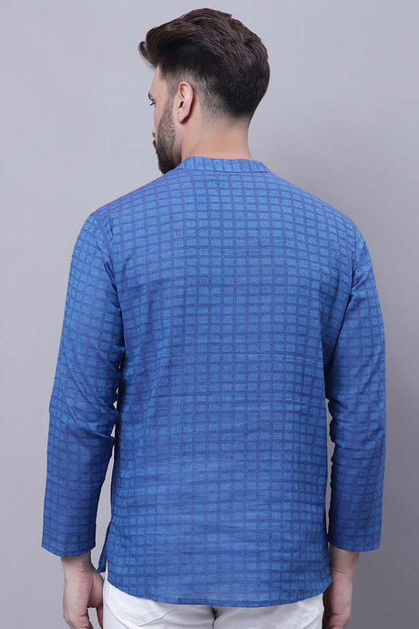 Buy Men's Blue Cotton Check Print Short Kurta Top Online - Front