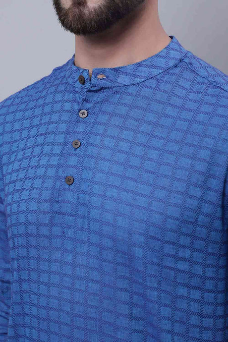Buy Men's Blue Cotton Check Print Short Kurta Top Online - Side