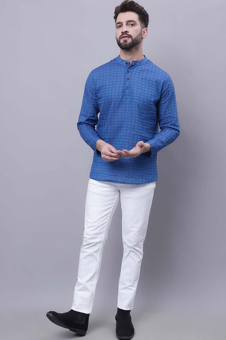 Buy Men's Blue Cotton Check Print Short Kurta Top Online - Zoom In