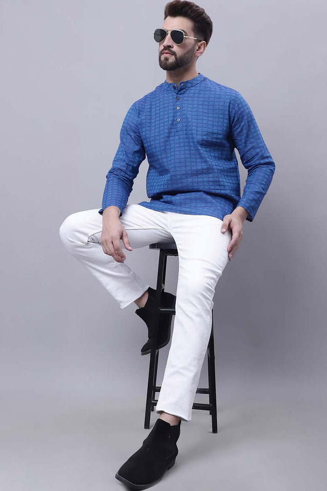Buy Men's Blue Cotton Check Print Short Kurta Top Online - Zoom Out