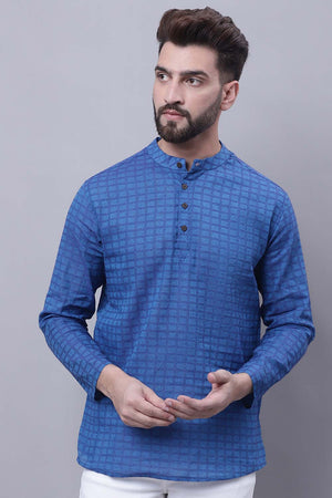 Buy Men's Blue Cotton Check Print Short Kurta Top Online