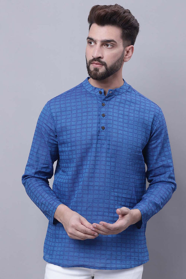Buy Men's Blue Cotton Check Print Short Kurta Top Online
