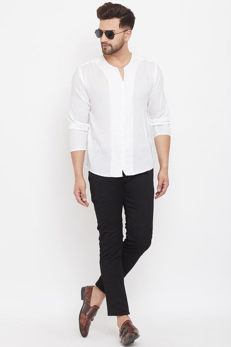 Buy Men's Blended Cotton Solid Short Kurta in White - Back