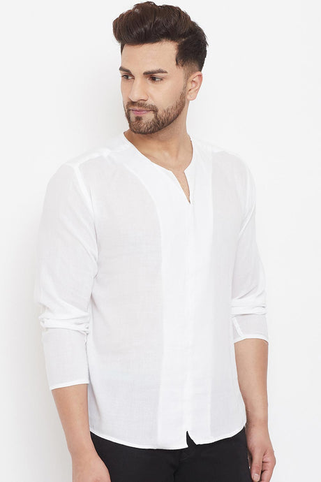 Buy Men's Blended Cotton Solid Short Kurta in White - Side