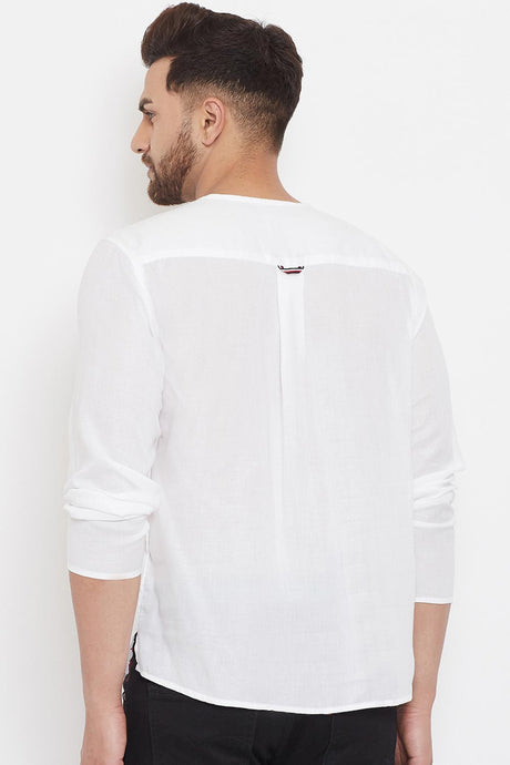 Buy Men's Blended Cotton Solid Short Kurta in White - Zoom In