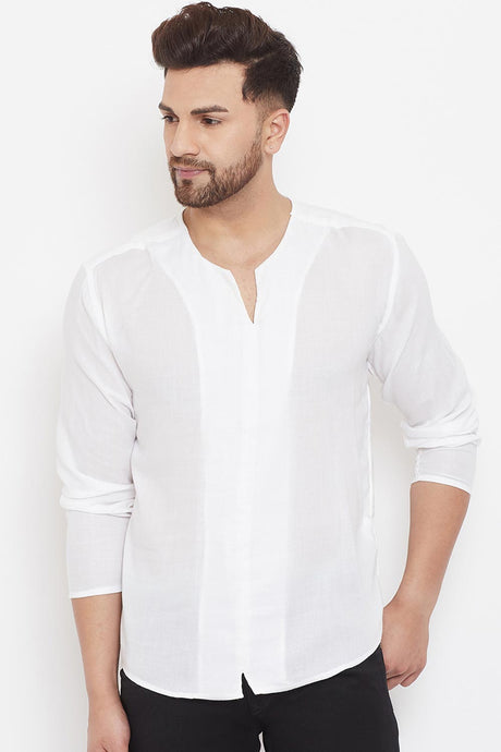 Buy Men's Blended Cotton Solid Short Kurta in White Online