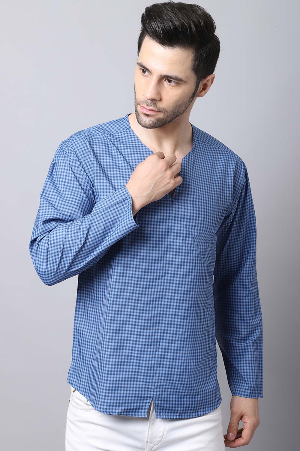 Men's Dark Blue Self-Design Full Sleeve Short Kurta Top (SKV-CHK071-BLC)