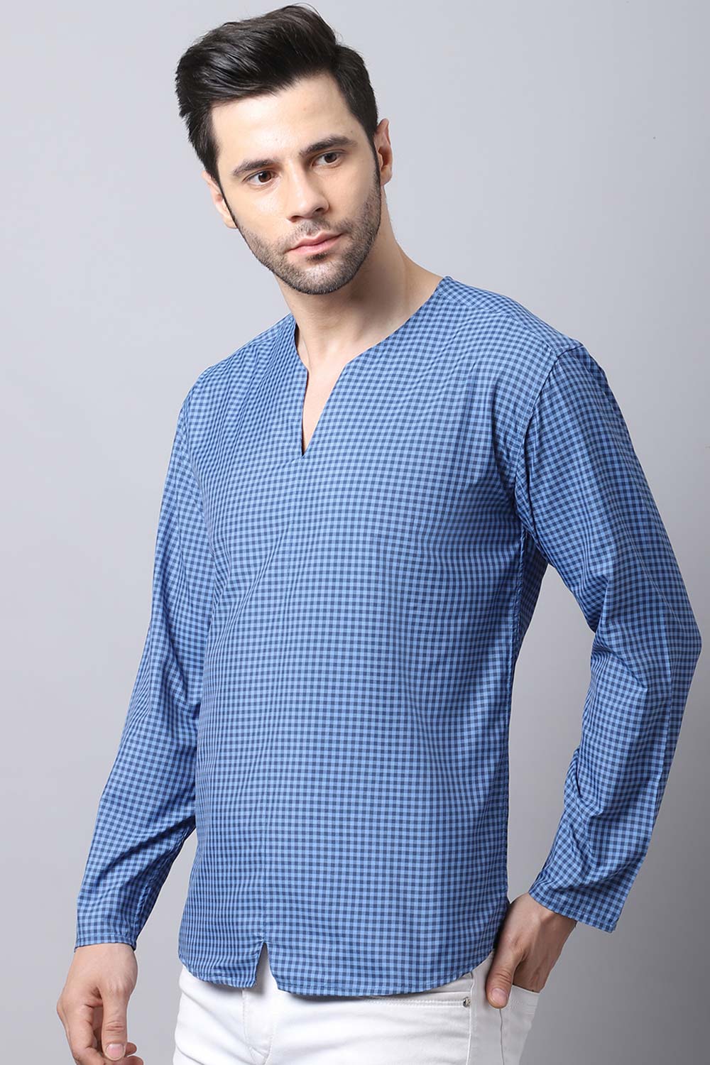 Men's Dark Blue Self-Design Full Sleeve Short Kurta Top (SKV-CHK071-BLC)