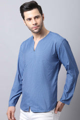 Men's Dark Blue Self-Design Full Sleeve Short Kurta Top (SKV-CHK071-BLC)