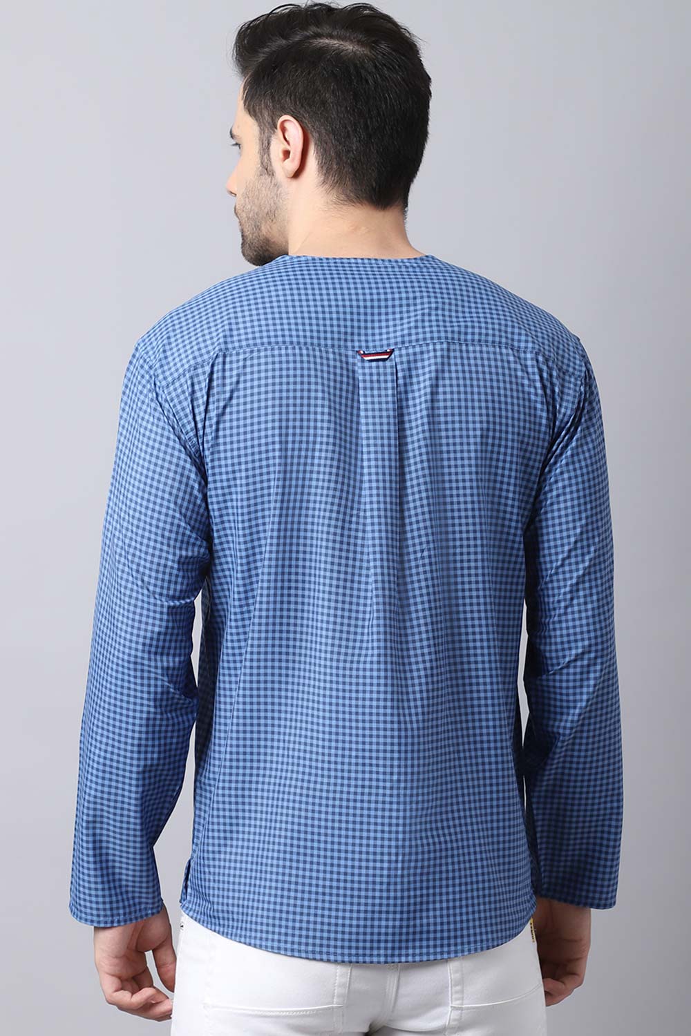 Men's Dark Blue Self-Design Full Sleeve Short Kurta Top (SKV-CHK071-BLC)