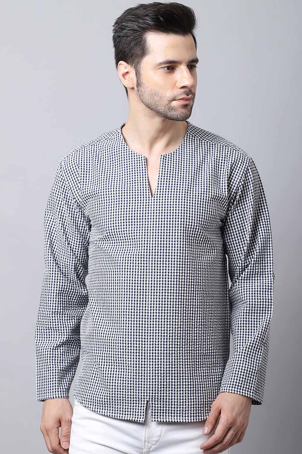 Men's Light Multi Self-Design Full Sleeve Short Kurta Top (SKV-CHK074-WBC)