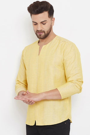 Buy Men's Linen Solid Short Kurta in Yellow - Front