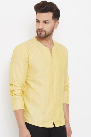 Buy Men's Linen Solid Short Kurta in Yellow - Side