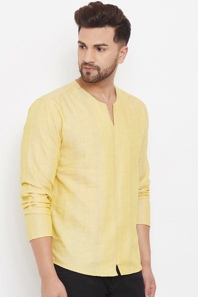 Buy Men's Linen Solid Short Kurta in Yellow - Side
