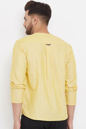 Buy Men's Linen Solid Short Kurta in Yellow - Zoom In