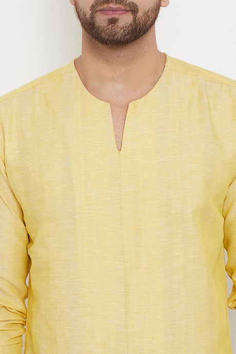 Buy Men's Linen Solid Short Kurta in Yellow - Zoom Out