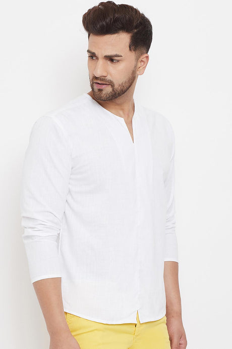 Buy Men's Blended Cotton Solid Short Kurta in White - Side