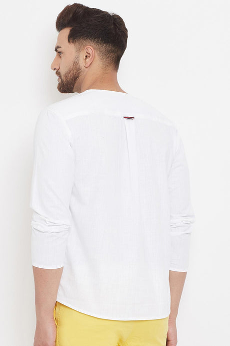 Buy Men's Blended Cotton Solid Short Kurta in White - Zoom In