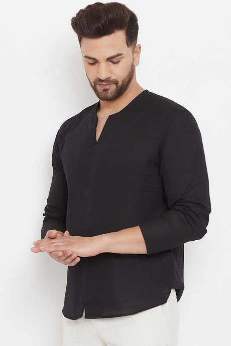 Buy Men's Blended Cotton Solid Short Kurta in Black - Front