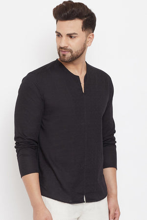 Buy Men's Blended Cotton Solid Short Kurta in Black - Side