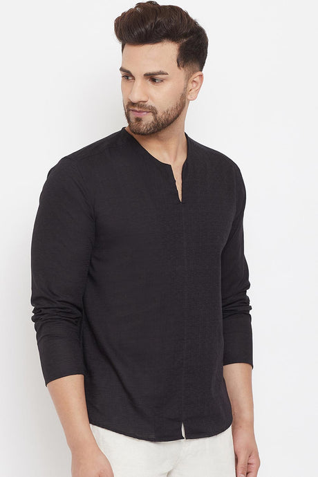 Buy Men's Blended Cotton Solid Short Kurta in Black - Side
