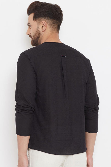 Buy Men's Blended Cotton Solid Short Kurta in Black - Zoom In