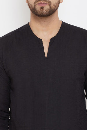 Buy Men's Blended Cotton Solid Short Kurta in Black - Zoom Out