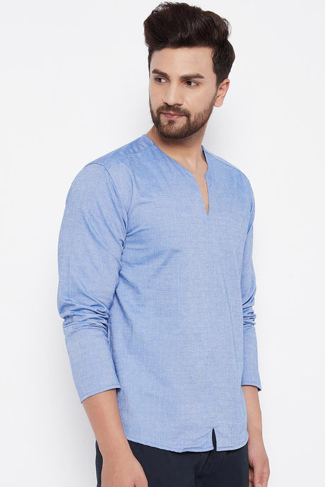 Buy Blended Cotton Solid Kurta in Blue Online - Side