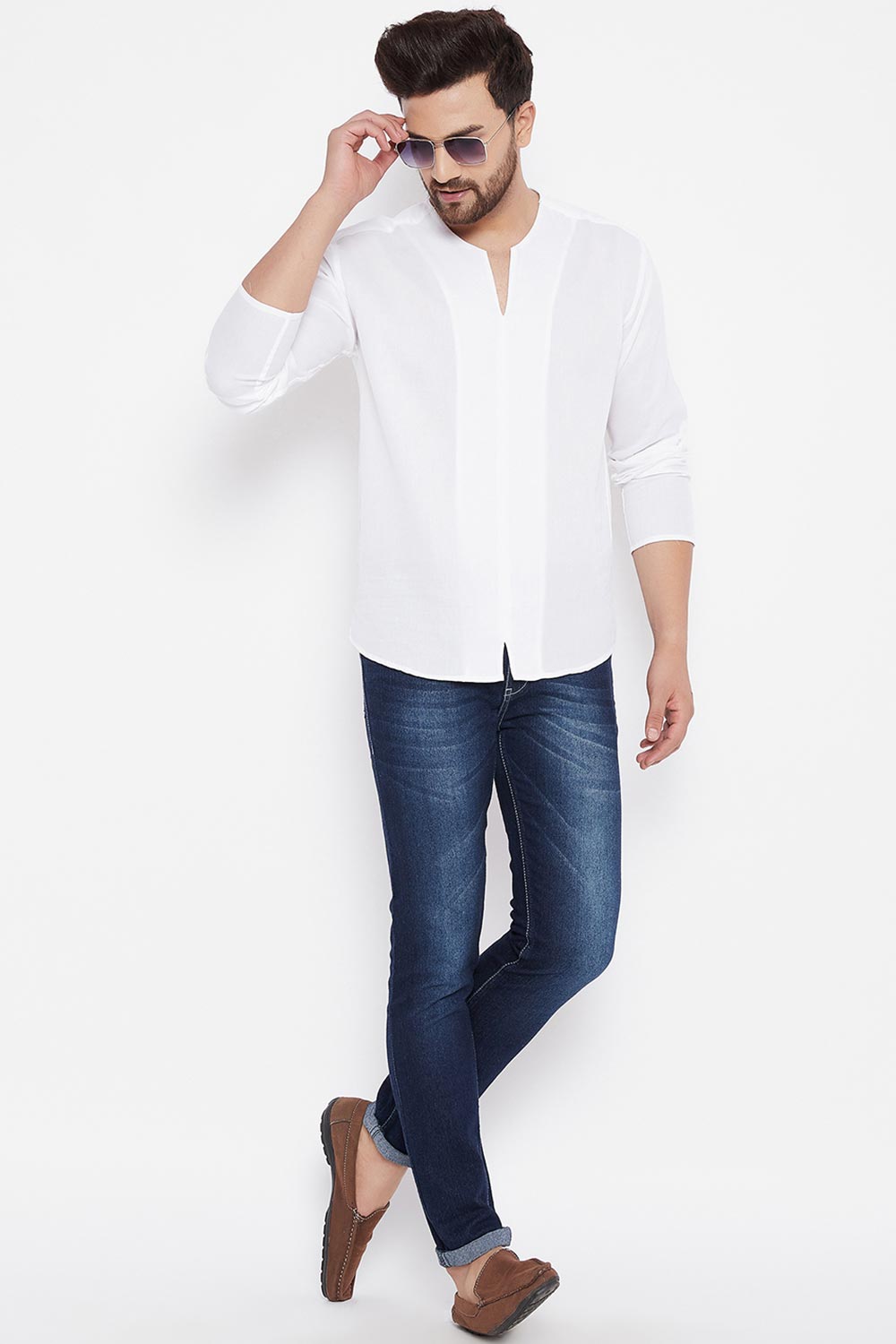 Buy Blended Cotton Striped Kurta in White Online - Back