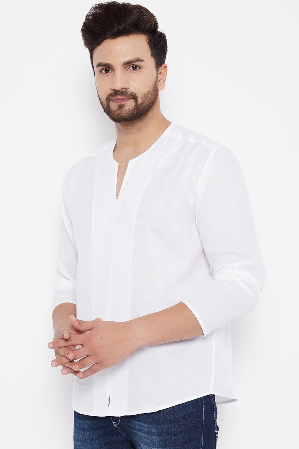 Buy Blended Cotton Striped Kurta in White Online - Front