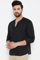 Buy Linen Solid Kurta in Black Online - Front