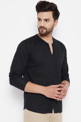 Buy Linen Solid Kurta in Black Online - Side