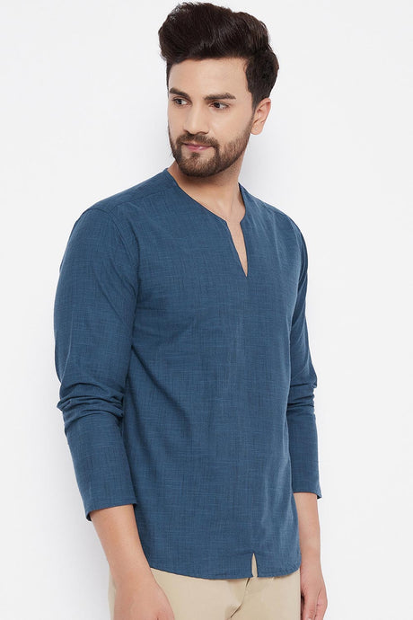 Buy Blended Cotton Solid Kurta in Blue Online - Side