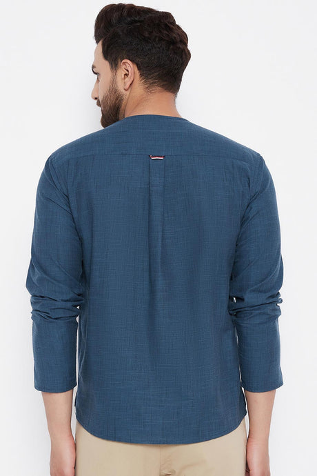 Buy Blended Cotton Solid Kurta in Blue Online - Zoom In