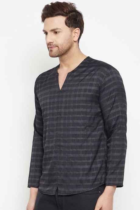 Buy Men's Viscose Checks Kurta in Black