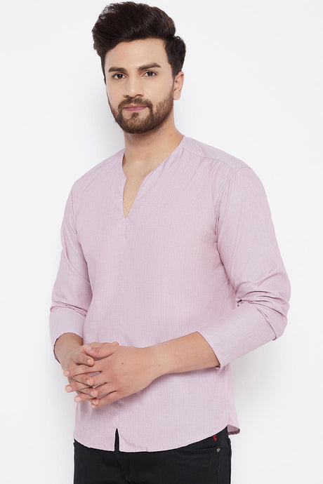 Buy Blended Cotton Striped Kurta in Pink Online - Side