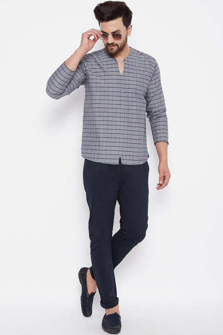 Buy Dupion Checkered Printed Kurta in Grey Online - Back