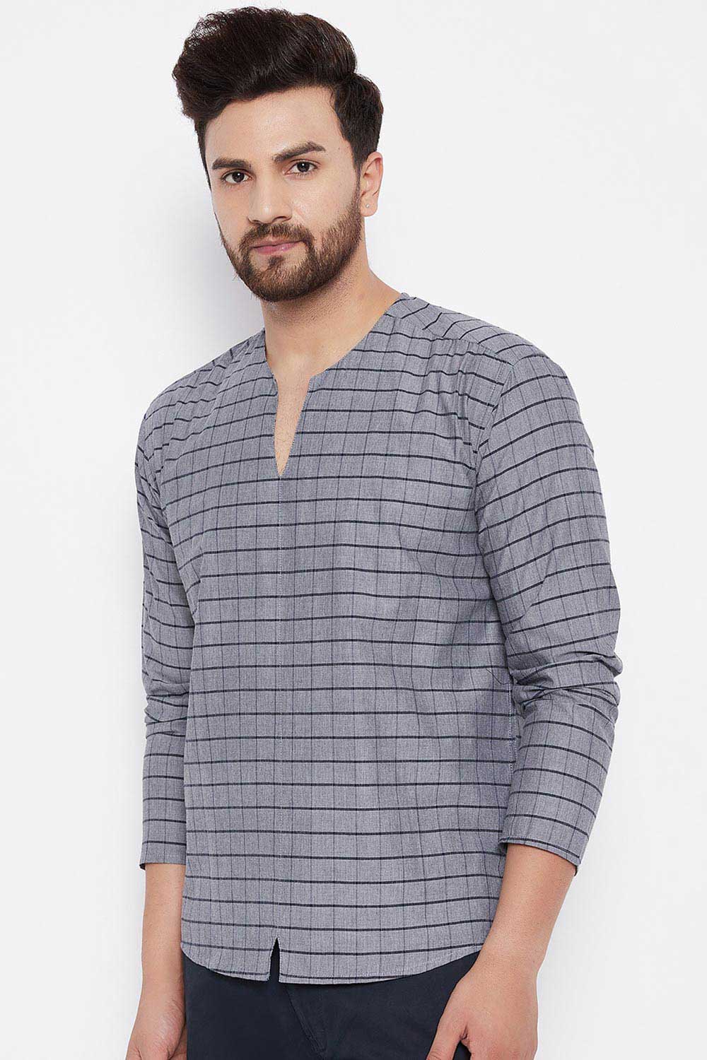 Buy Dupion Checkered Printed Kurta in Grey Online - Front