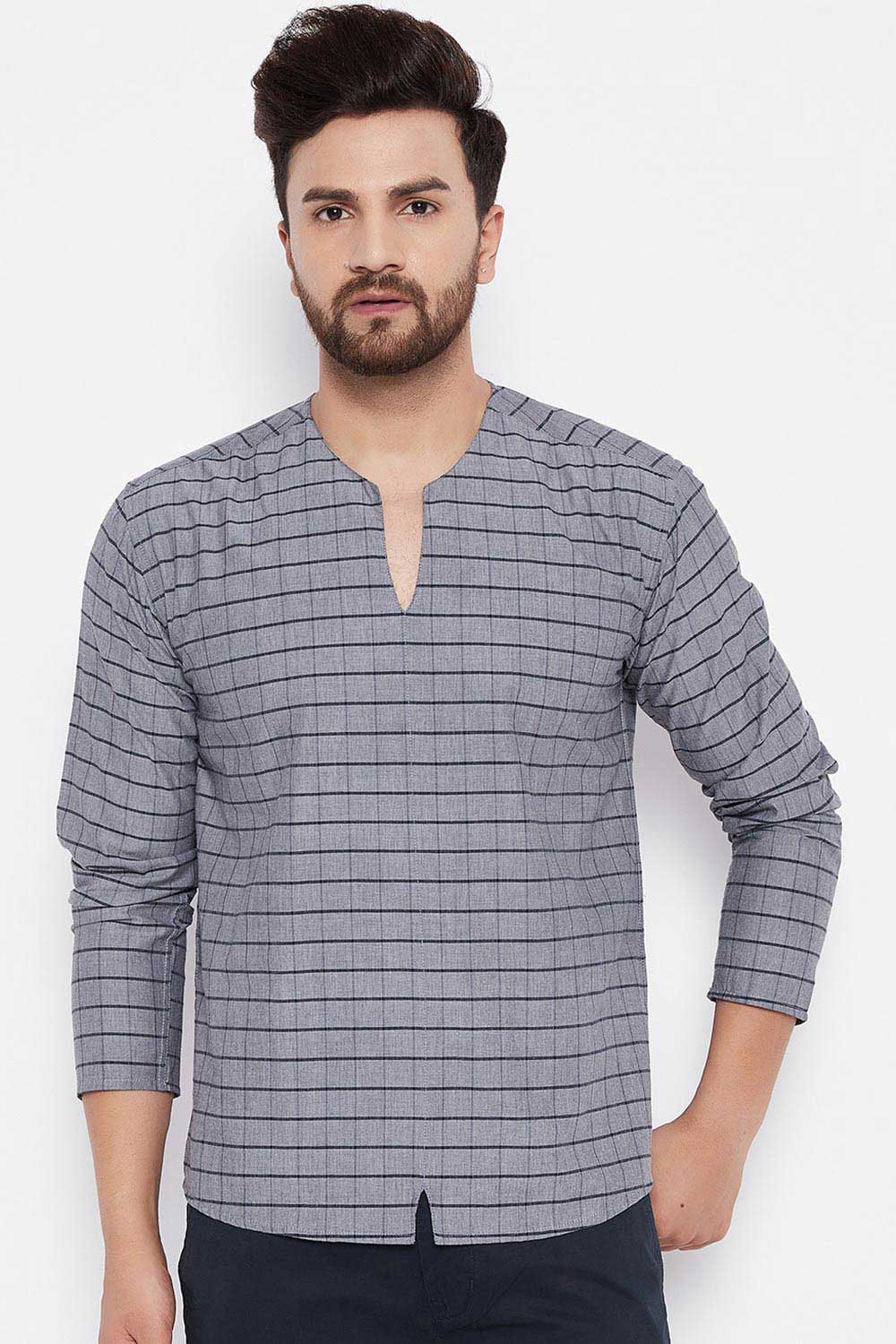 Buy Dupion Checkered Printed Kurta in Grey Online