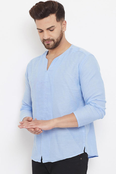 Buy Men's Blended Cotton Solid Short Kurta in Blue - Front