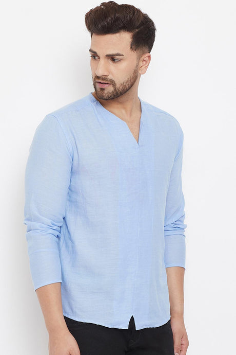 Buy Men's Blended Cotton Solid Short Kurta in Blue - Side